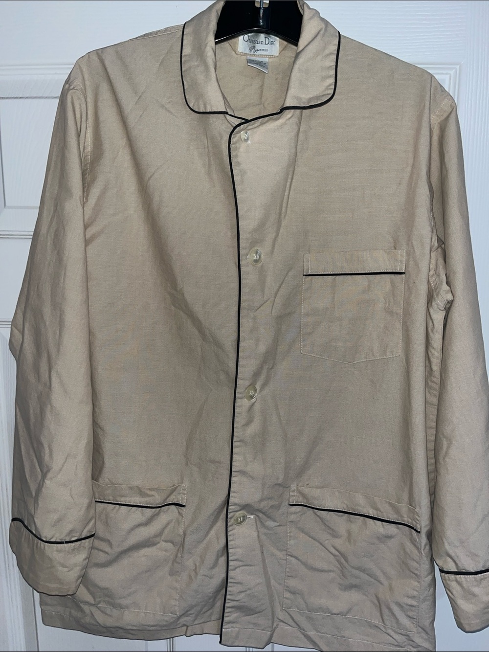 Dior Men’s Beige Lightweight Pajama Shirt Jacket with Navy Blue Piping